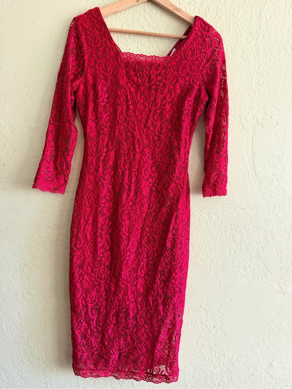 Candie's Red Lace Midi Dress with Three-Quarter Sleeves